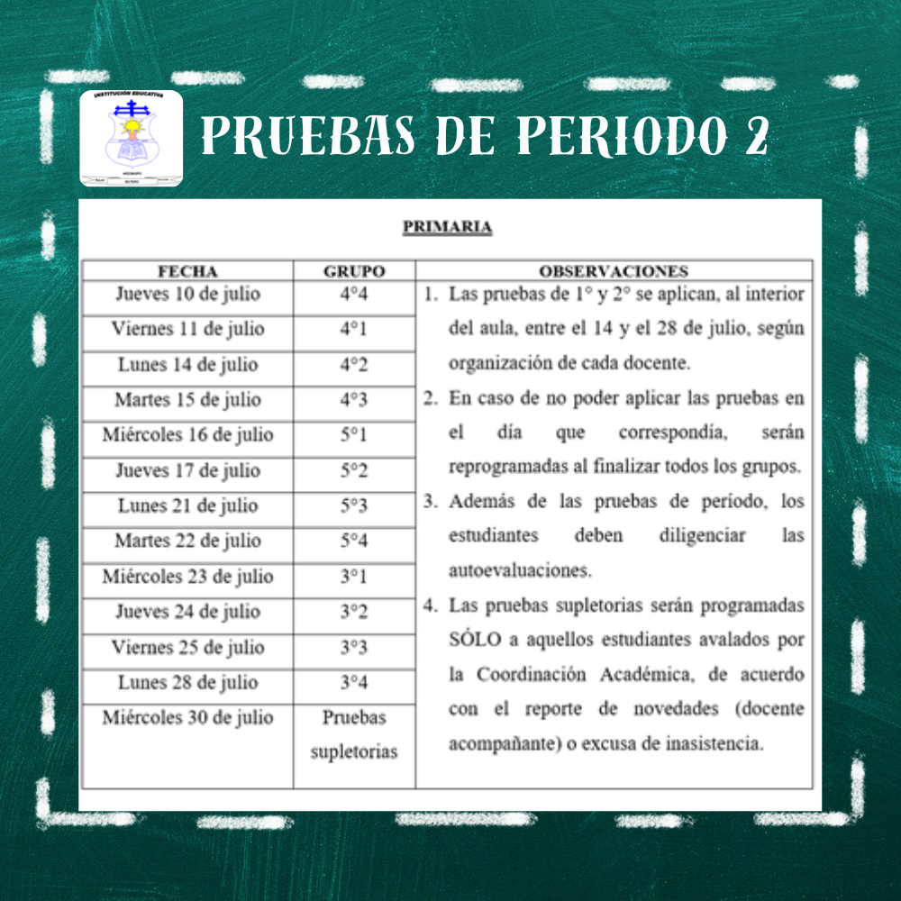 Programación pruebas de periodo 2 - Primaria.